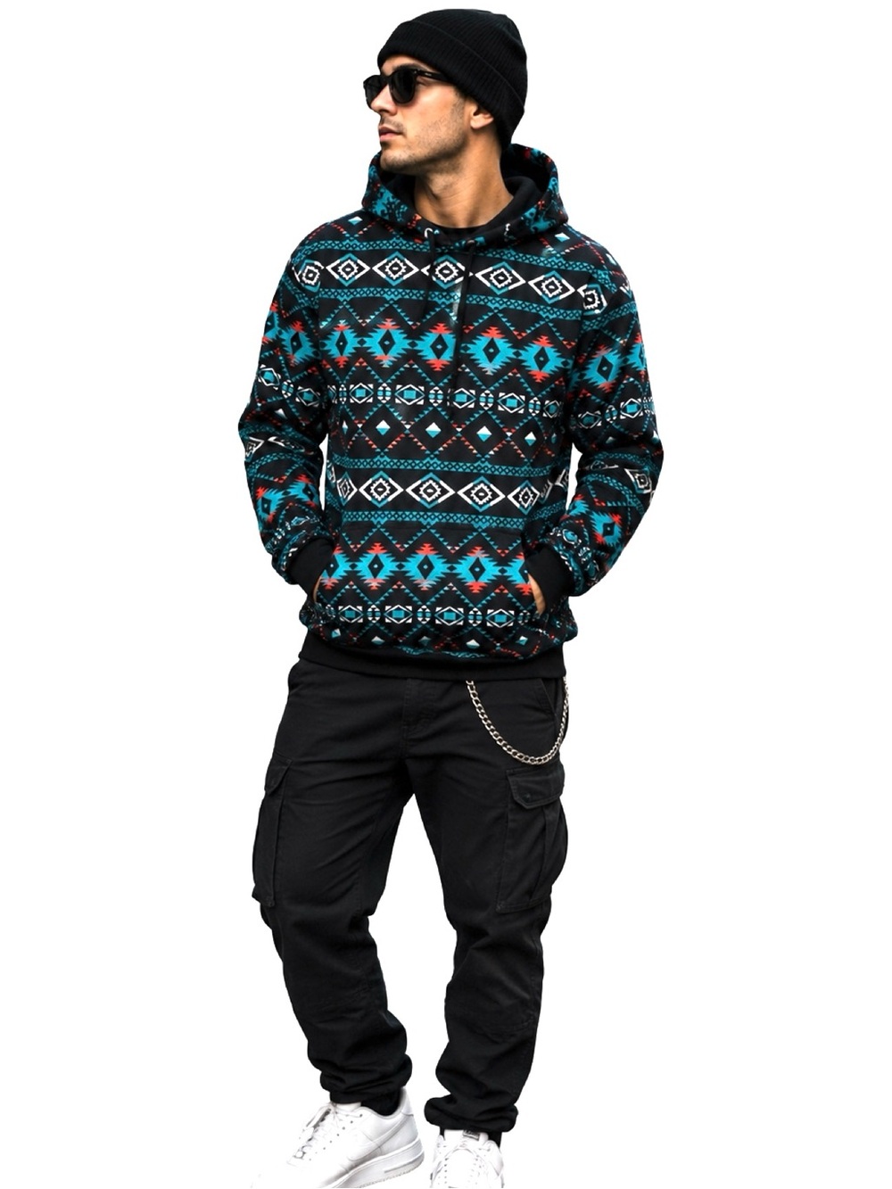 Nativo Men’s Southwestern Aztec Print Hoodie – Black/Teal/Red 2XL